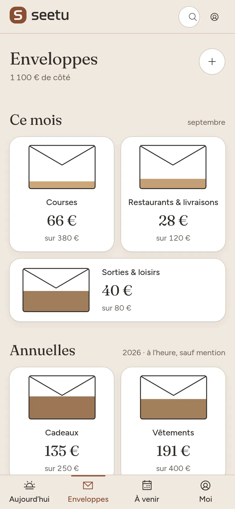 Écran Enveloppes de Seetu : ce qui reste dans chaque enveloppe du mois