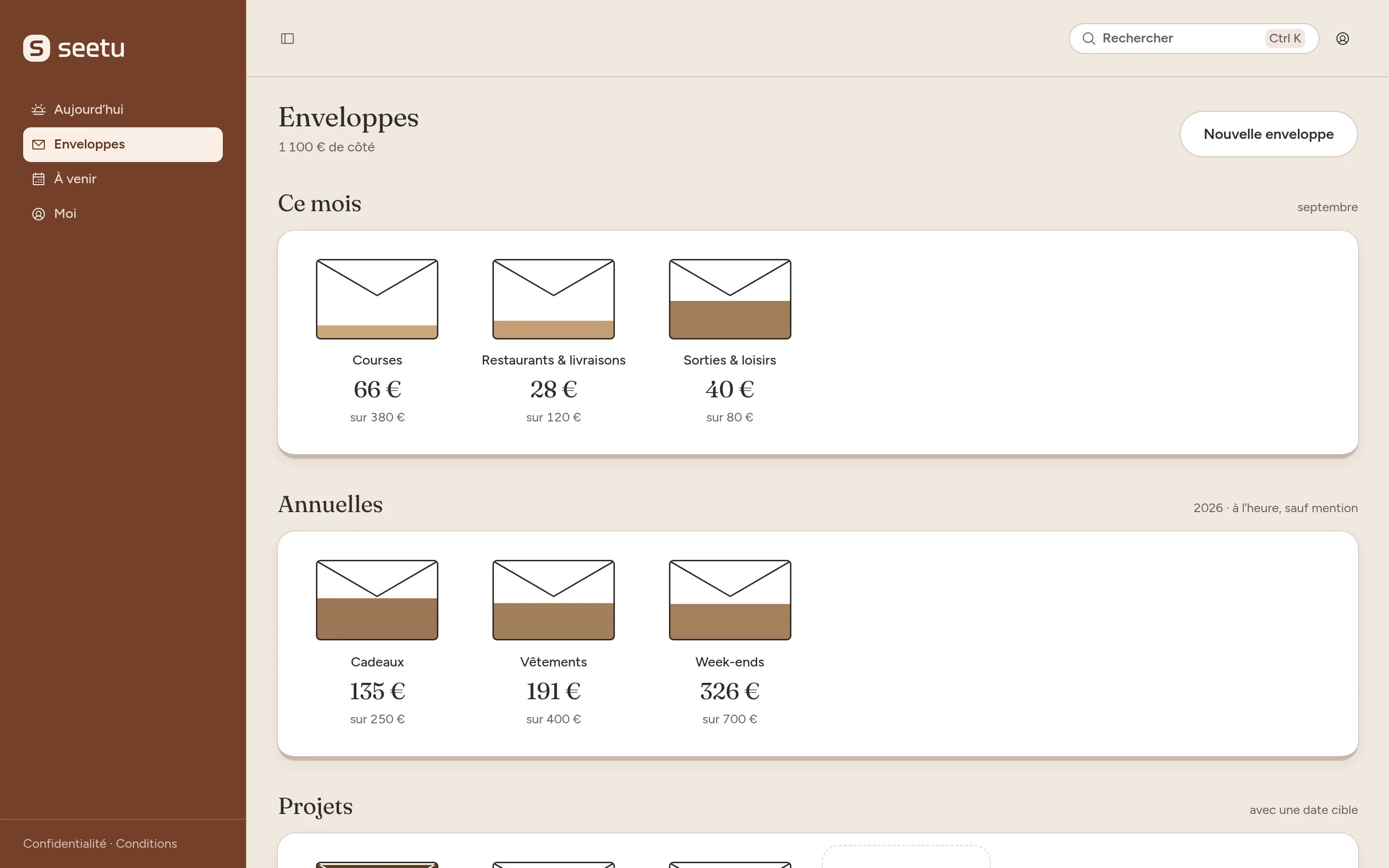 Écran Enveloppes de Seetu : les enveloppes du mois et de l’année, avec ce qui reste dans chacune